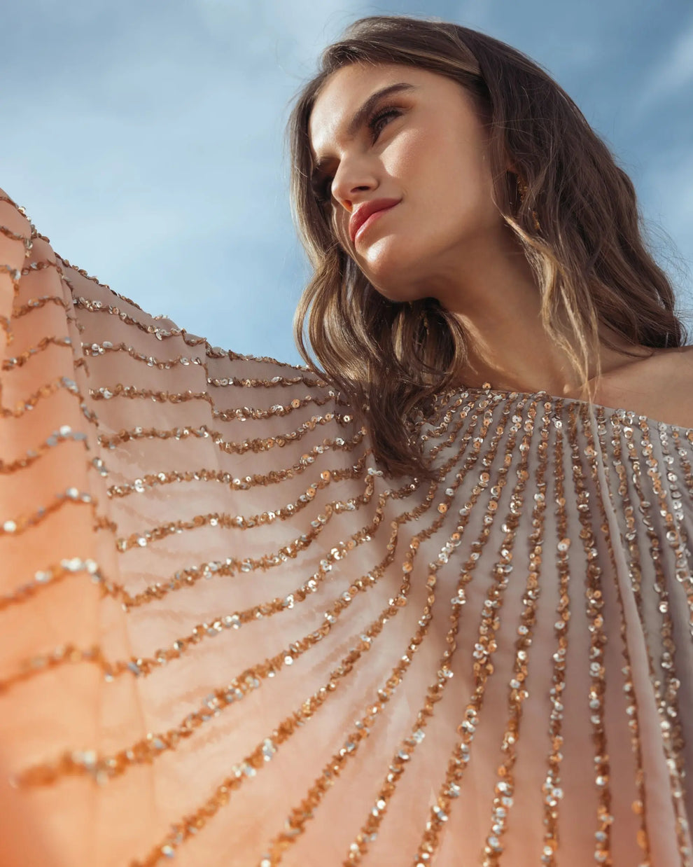 Champagne Gold One-Shoulder Asymmetrical Chiffon Sequin Cocktail Kaftan Dress Mac Duggal 6204