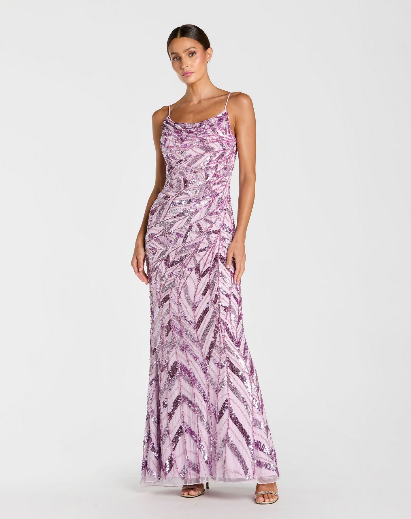 Prom Dresses Long Evening Beaded Prom Dress - Fitted Formal - Mac Duggal 6214 Lilac-Mesh-Cowl