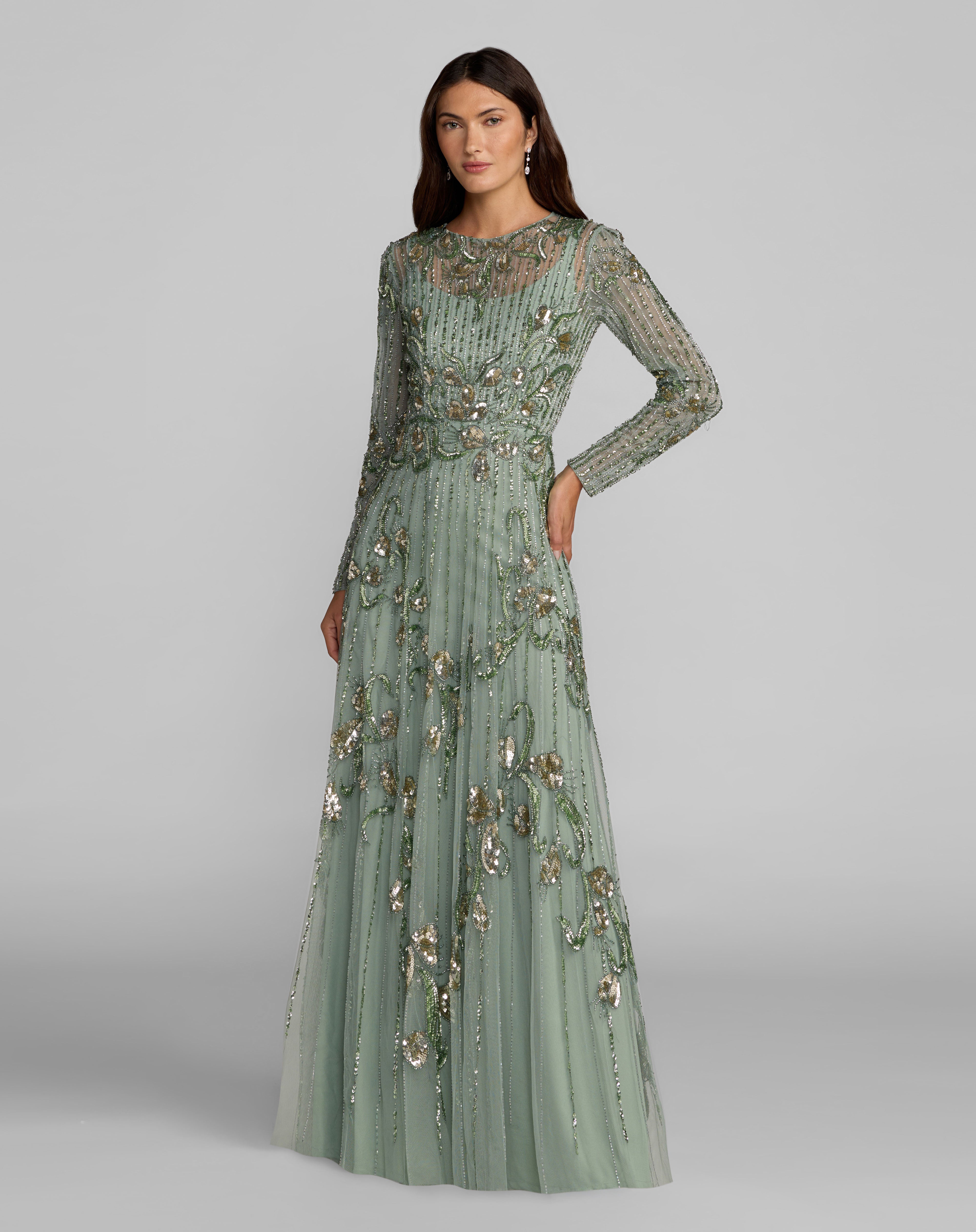 Mac Duggal Women's Embellished Tulle Long Sleeve A Line Gown - Green - Size 4