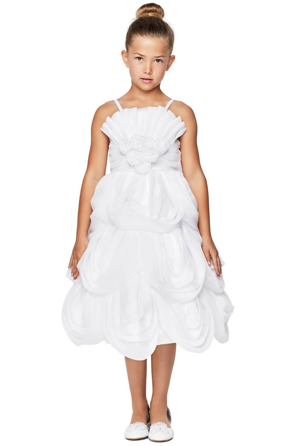White Square Neck Tea Length Organza Flower Girl Dress with Bolero Jacket Cinderella Couture 62406B