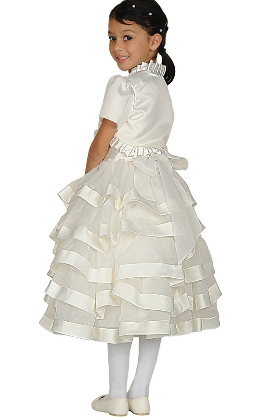 White Square Neck Tea Length Satin Flower Girl Dress with Tiered Skirt Cinderella Couture 62416
