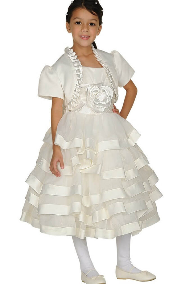 Square Neck Tea Length Satin Flower Girl Dress with Tiered Skirt Cinderella Couture 62416