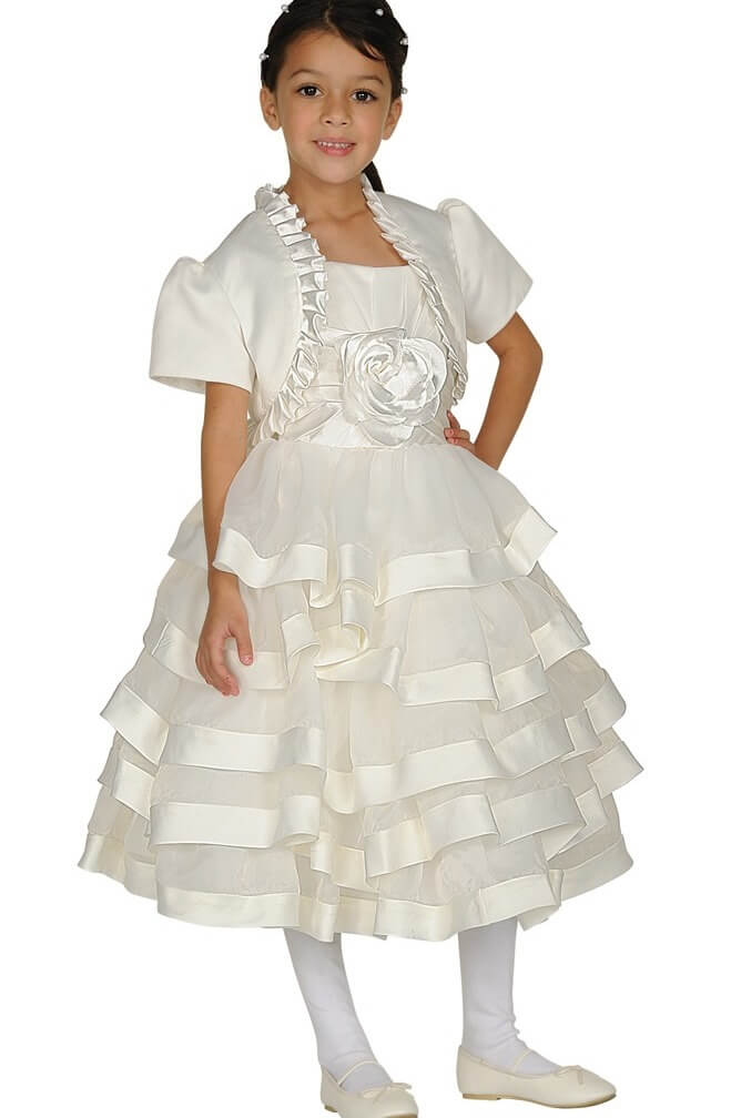 White Square Neck Tea Length Satin Flower Girl Dress with Tiered Skirt Cinderella Couture 62416