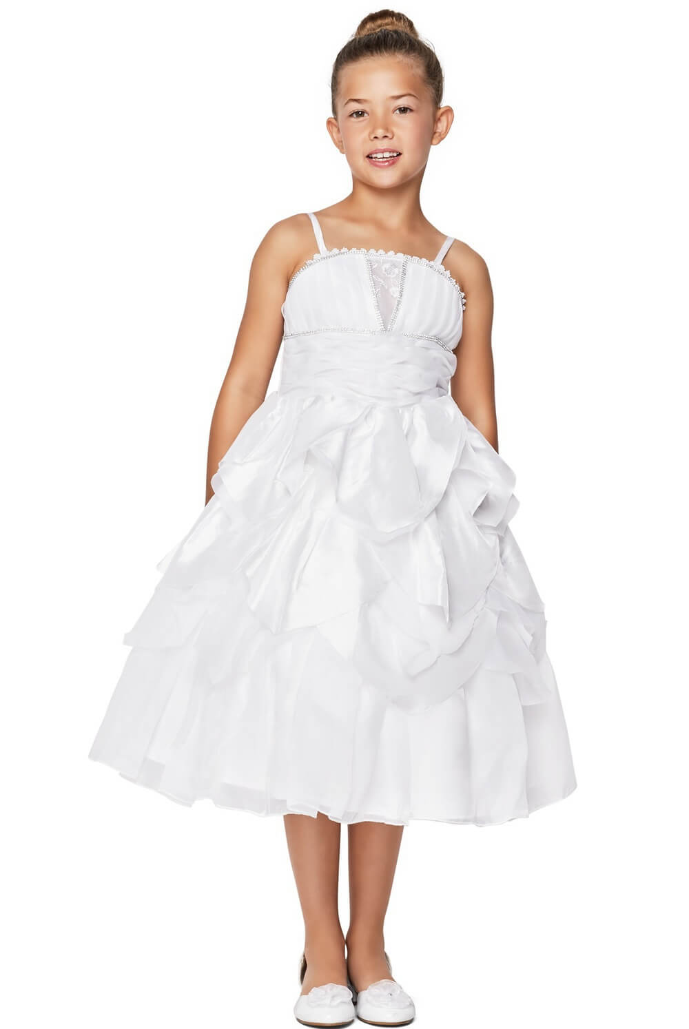 White Square Neck Tea Length Taffeta Flower Girl Dress with Bolero and Bow Cinderella Couture 62417