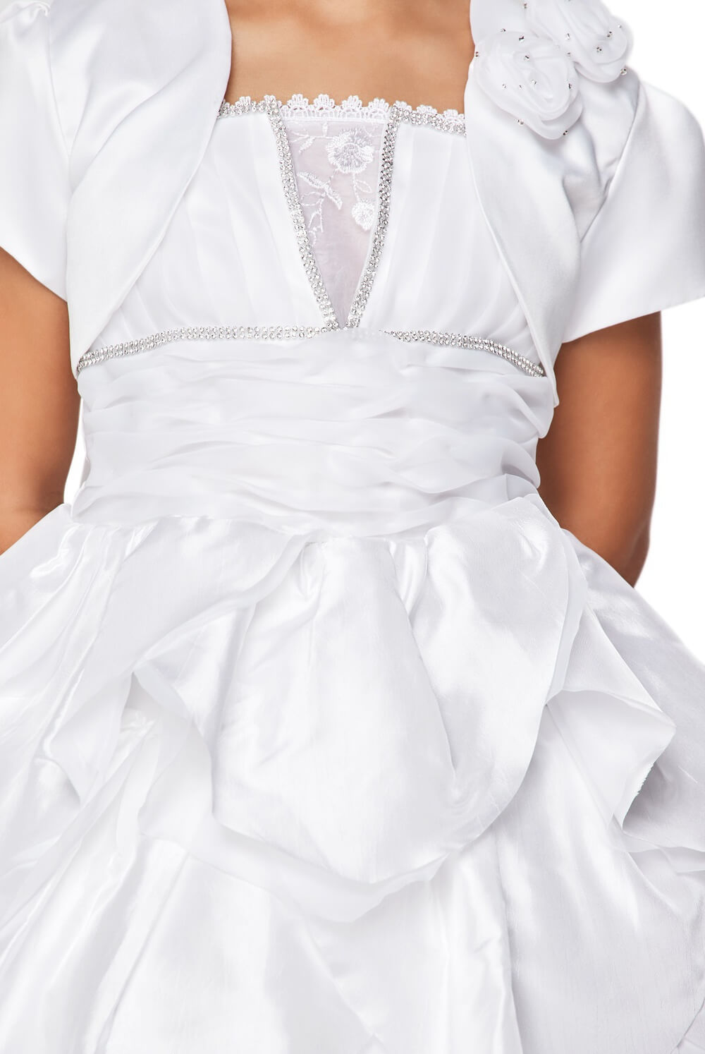 White Square Neck Tea Length Taffeta Flower Girl Dress with Bolero and Bow Cinderella Couture 62417