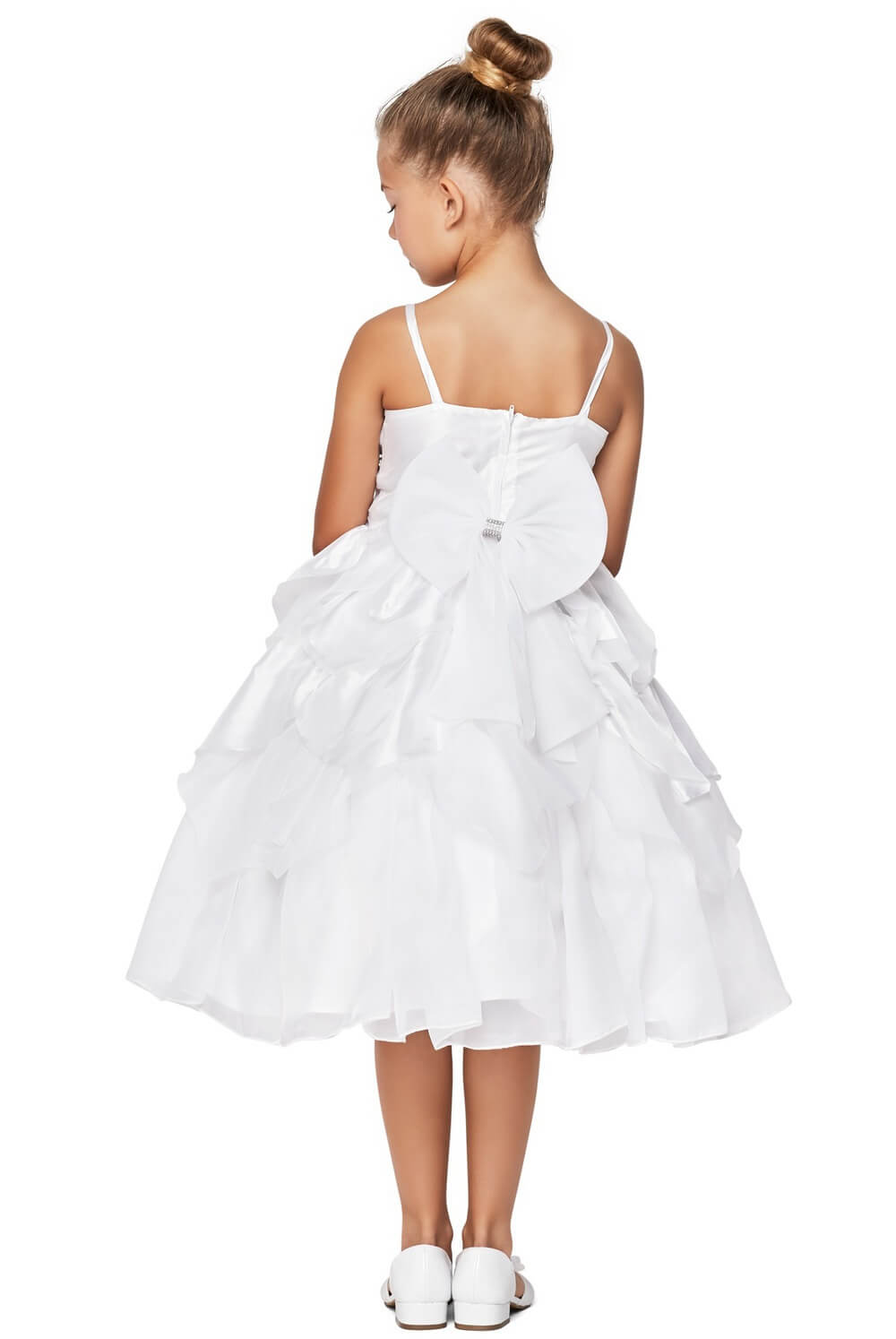 White Square Neck Tea Length Taffeta Flower Girl Dress with Bolero and Bow Cinderella Couture 62417