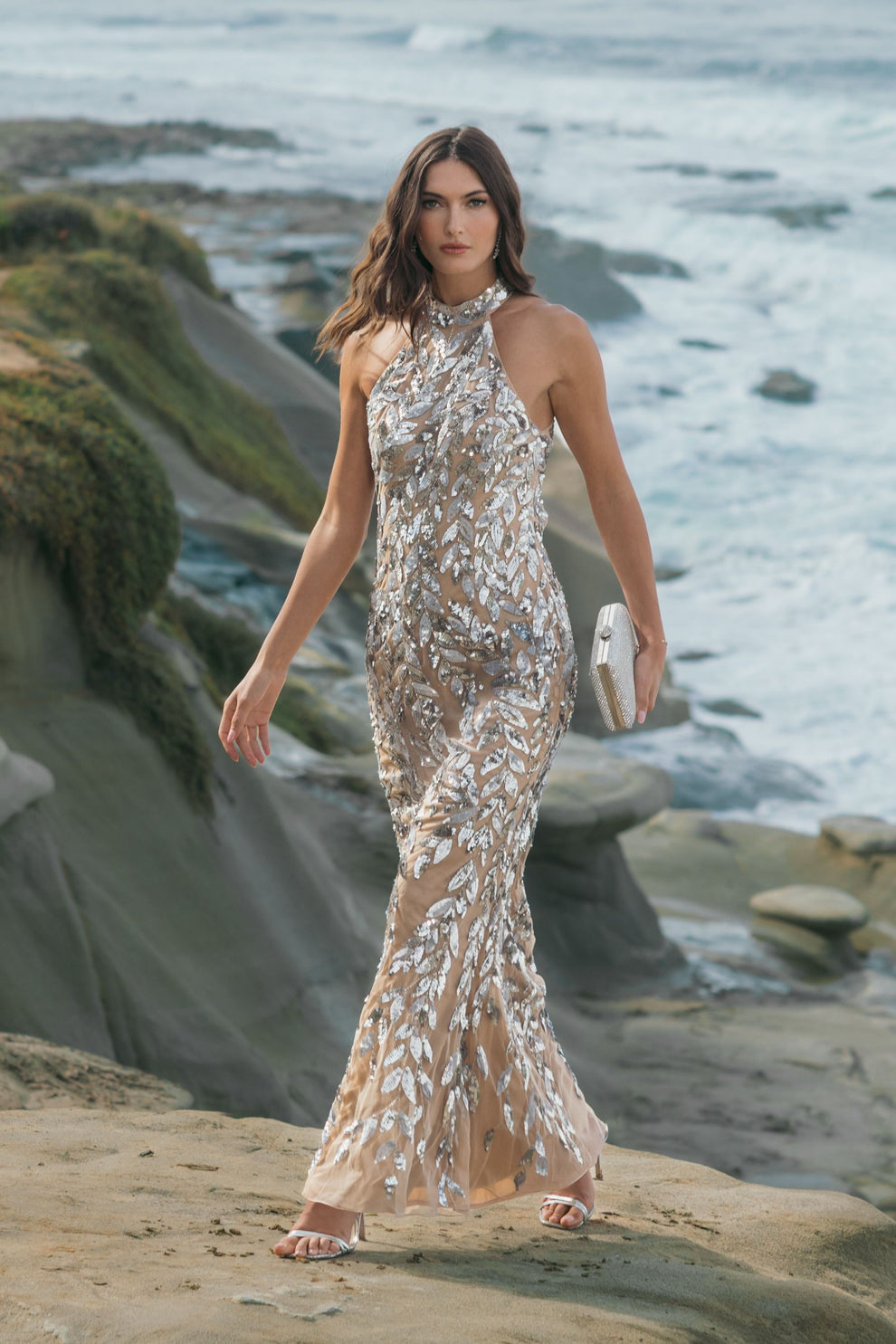 Prom Dresses Long Formal Prom Sequin Dress Mac Duggal 6252 Silver Nude