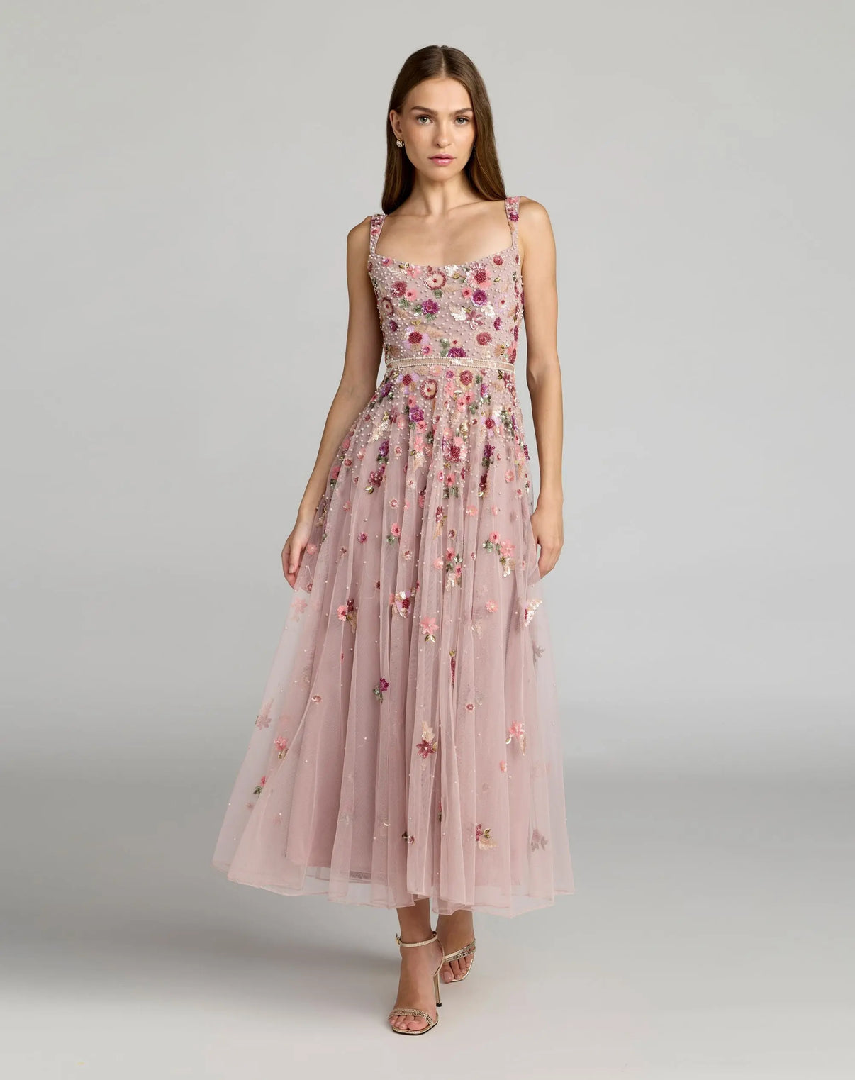 Square Neck Tea Length Tulle Cocktail Dress by Mac Duggal 6256 in Vintage Rose Multi