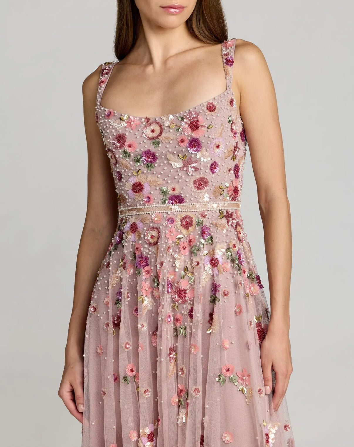 Square Neck Tea Length Tulle Cocktail Dress by Mac Duggal 6256 in Vintage Rose Multi
