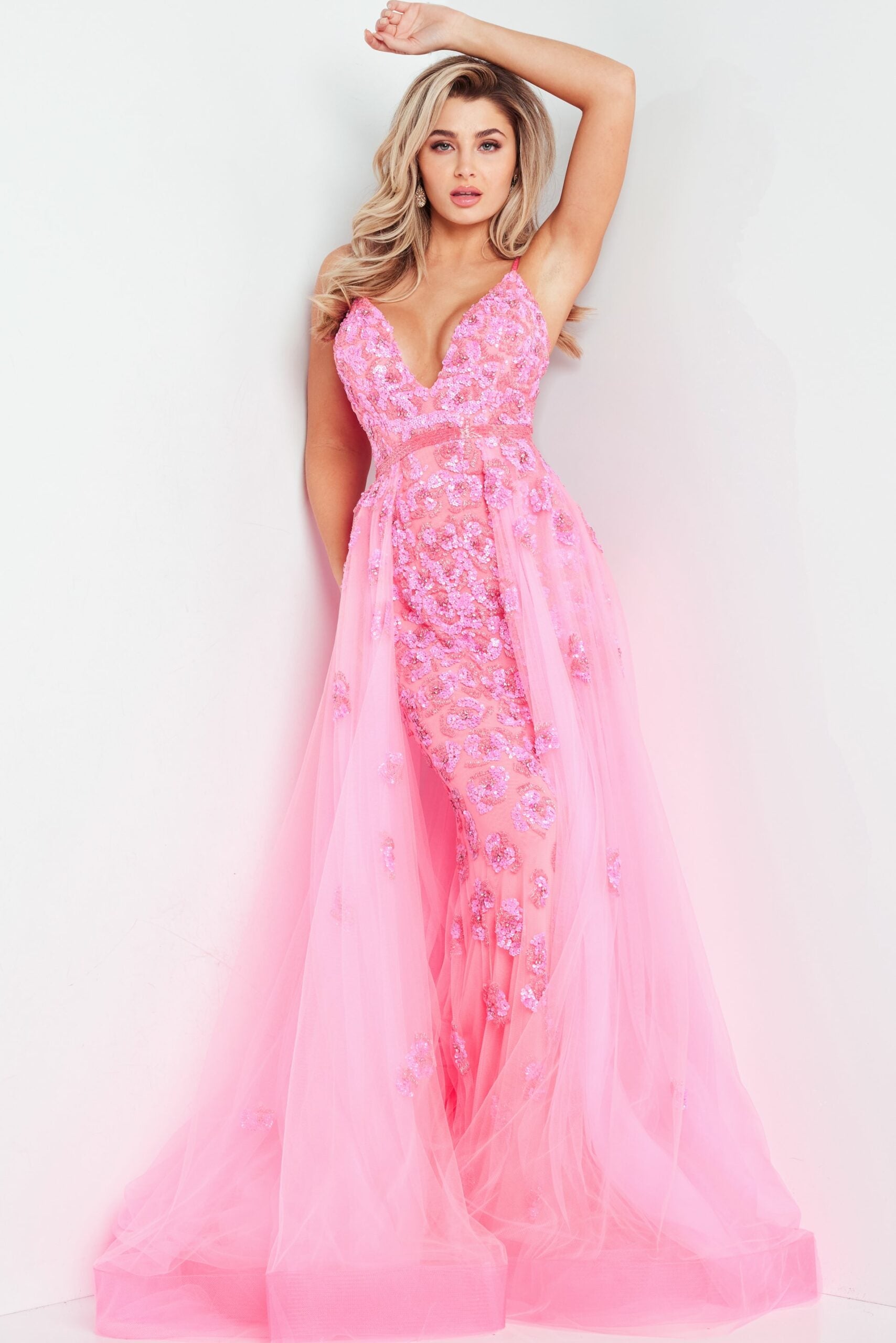 Prom Dresses Beaded Formal Long Overskirt Prom Dress Hot Pink