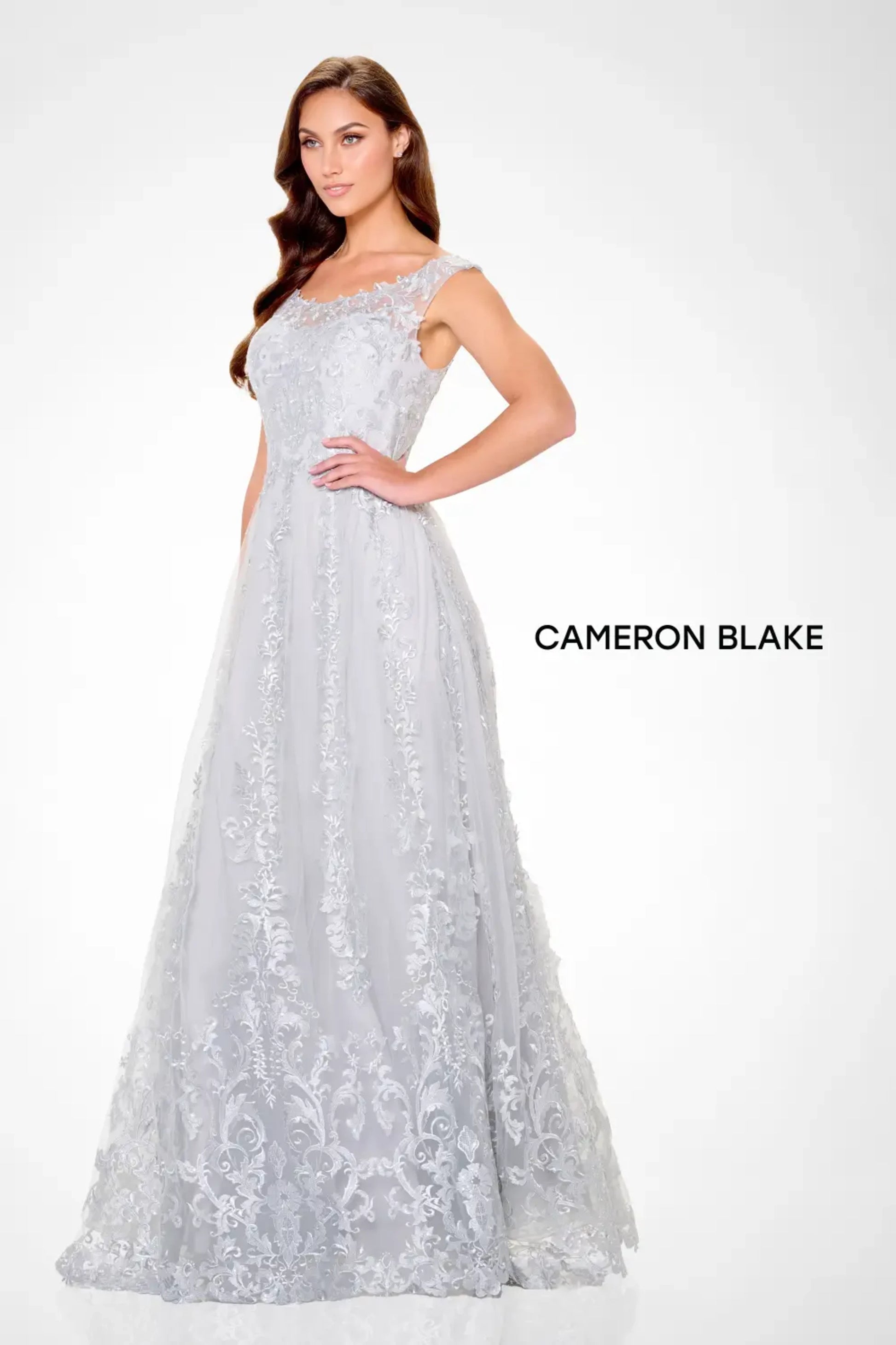 Cameron Blake CB3240 A Line Lace Applique Formal Sequin Evening Dress