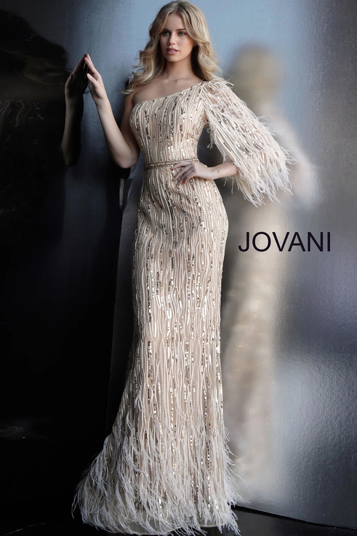 Gold Jovani 63342 Long Formal Feather Sleeve Prom Gown for $945.0 – The ...