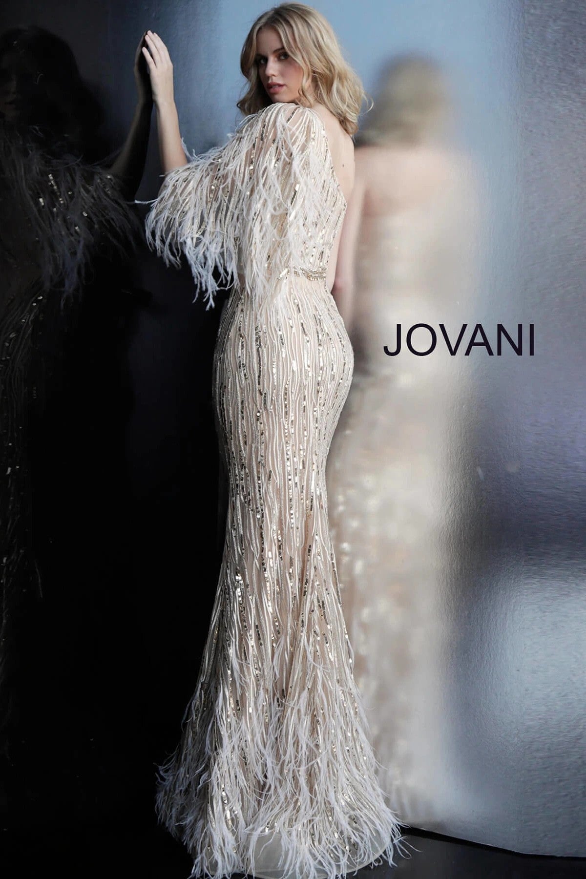 Jovani 63342 Mermaid Long Formal Prom Feather Dress