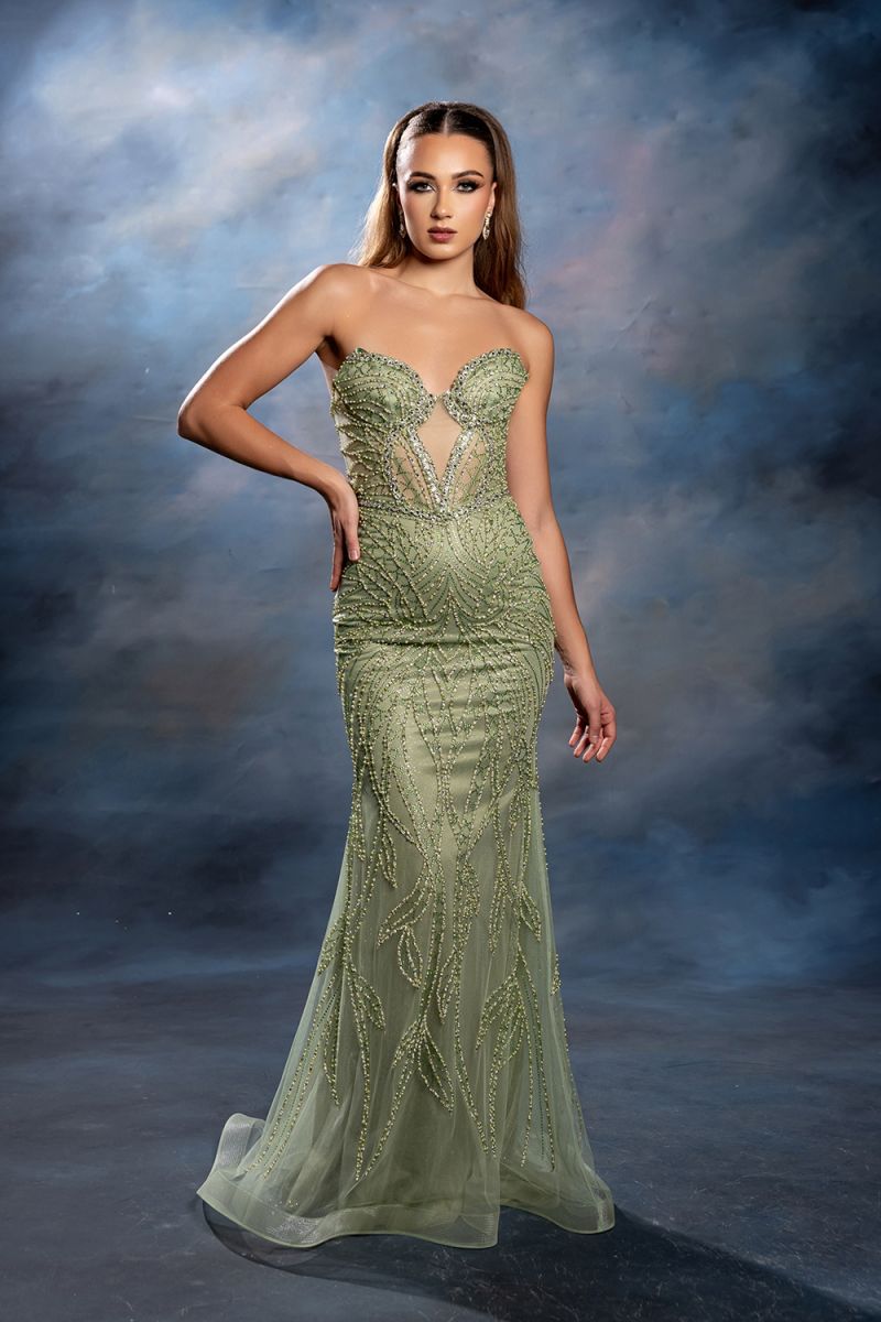 Army Sage Sweetheart Floor-Length Mesh Prom Dress Corest May Queen RQ8241