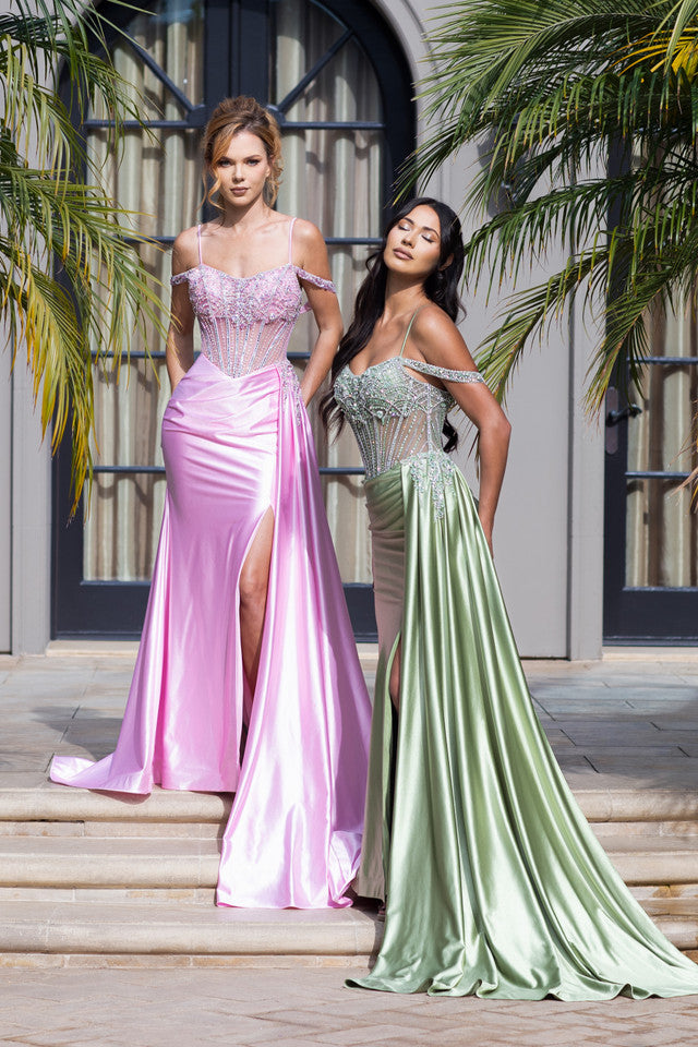 Off-Shoulder Long Satin Prom Dress by Lenovia 8438 in Pink