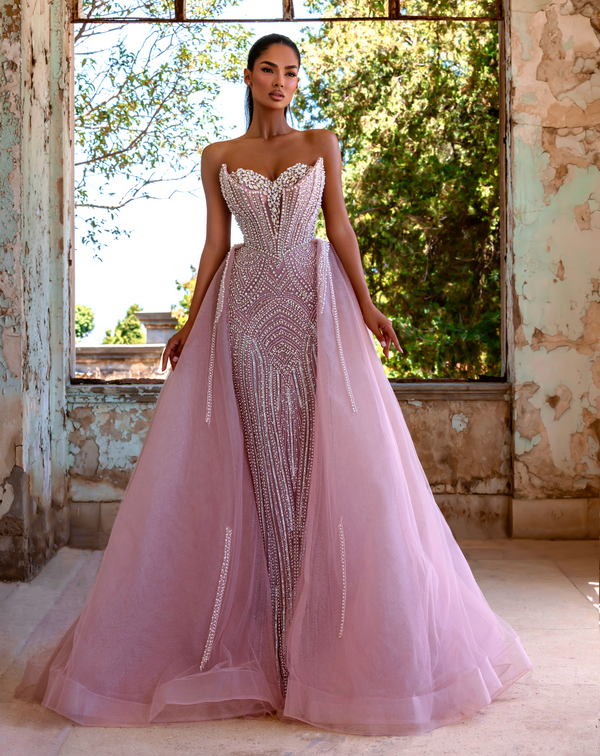 Strapless Curved Neck Floor-Length Tulle Prom A Line Dress
