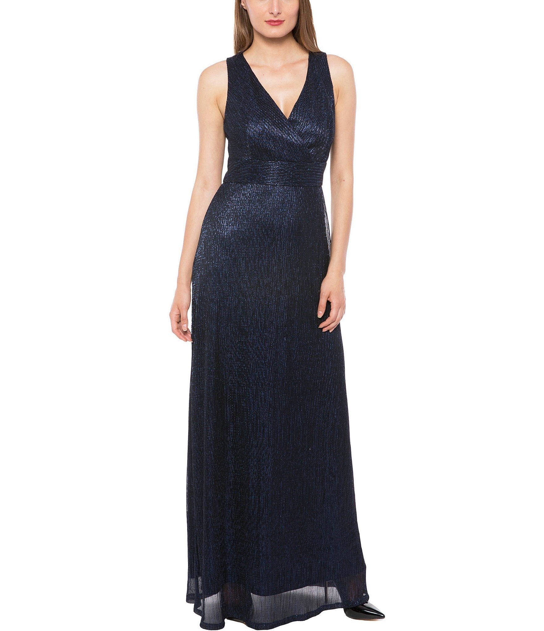 Marina  Long Pleated Metallic Waist Shirring Dress