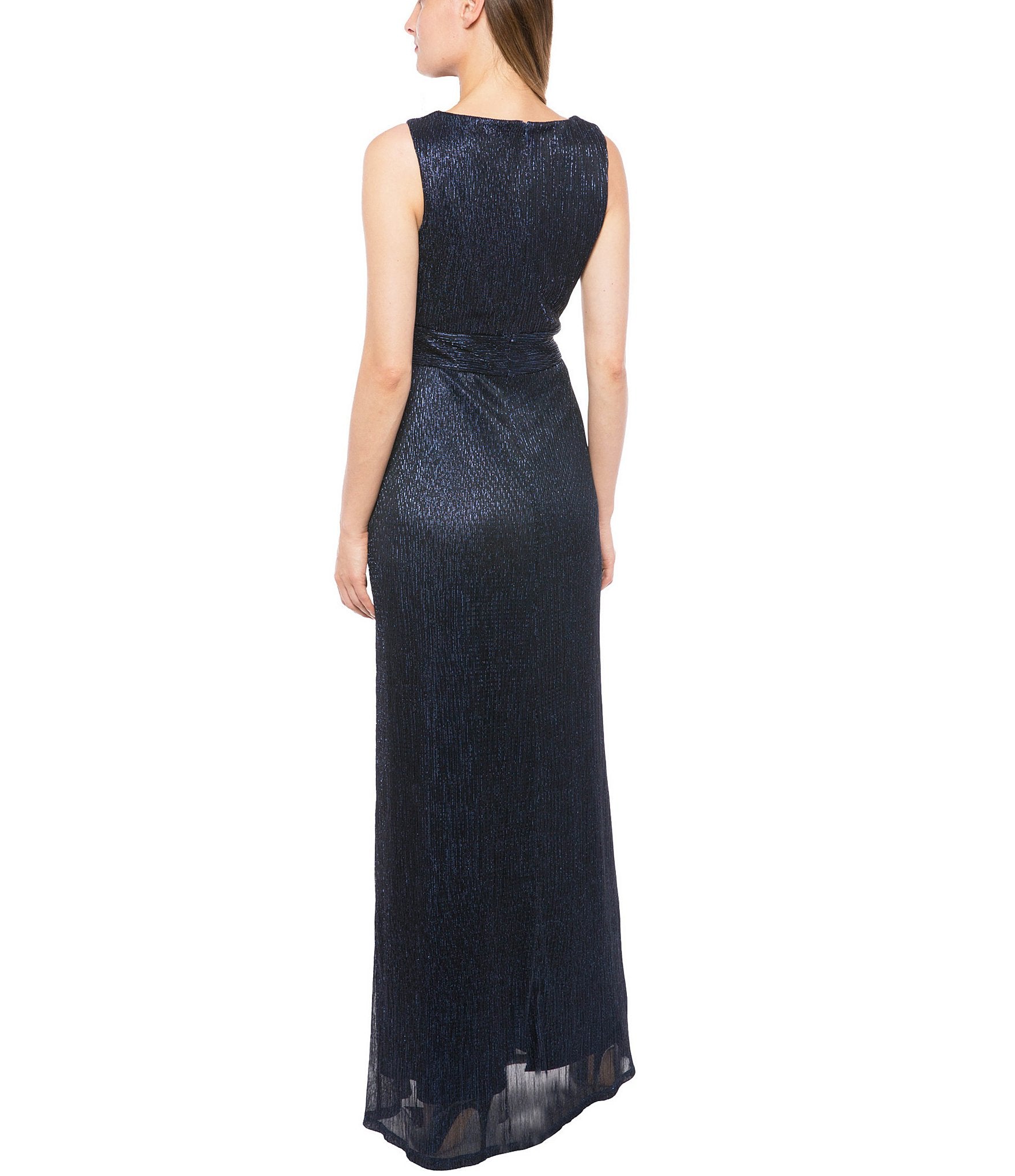 Marina  Long Pleated Metallic Waist Shirring Dress