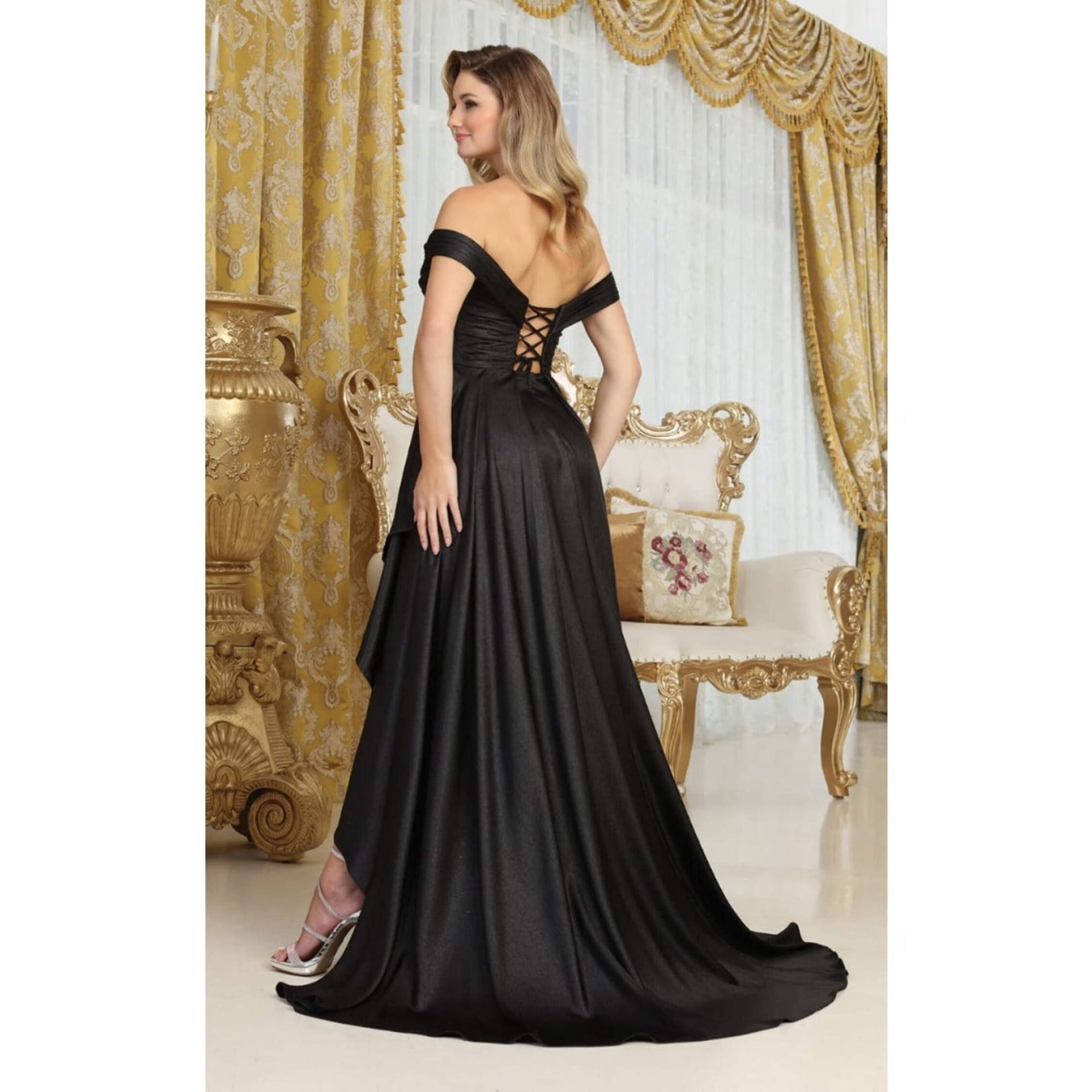 Off-the-Shoulder Floor-Length with Train Satin Prom A-Line May Queen 2056