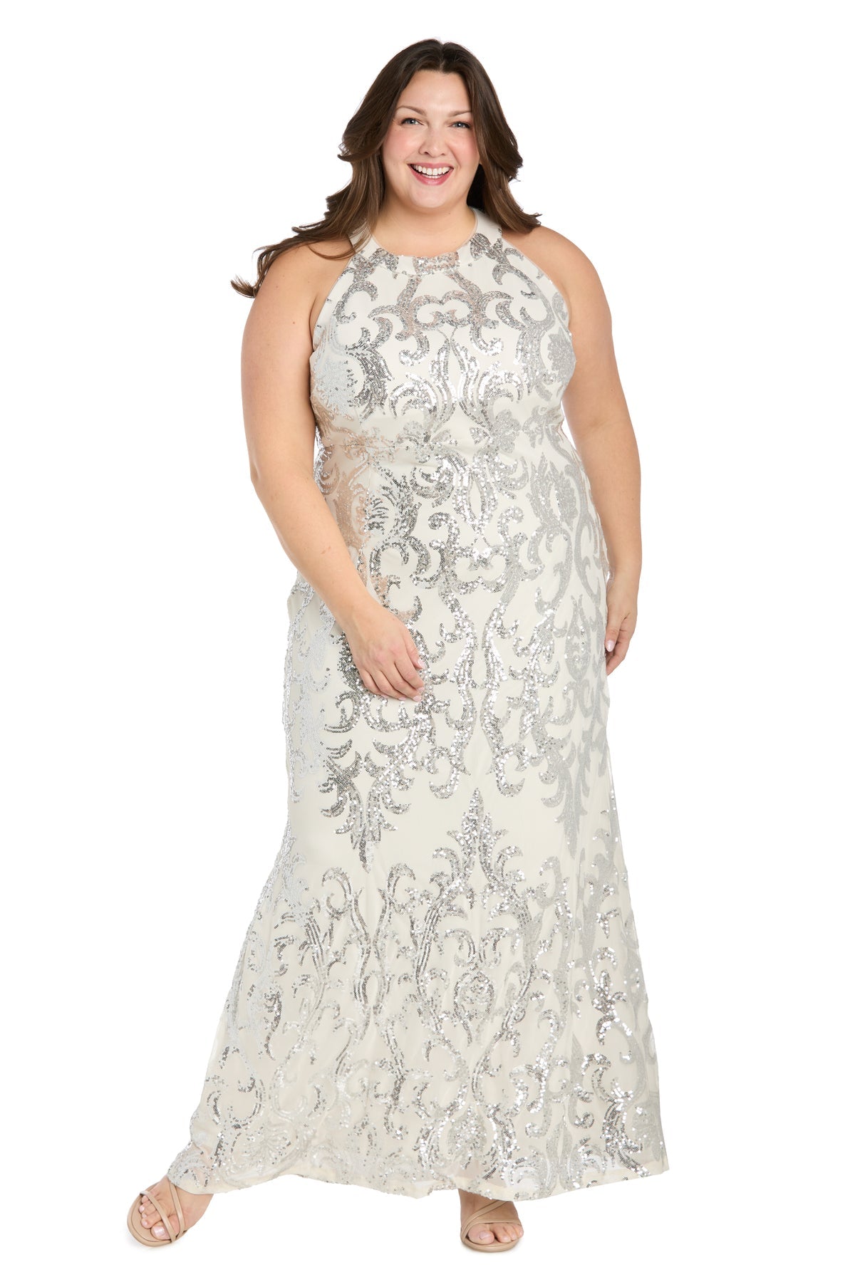 Halter Floor-Length Sequin Formal Gown by R&M Richards 6616W in Ivory/Silver