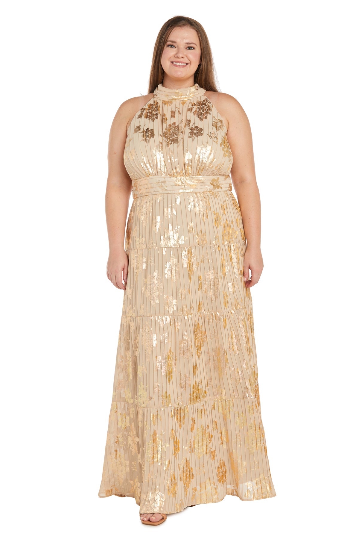 Long Pleated Metallic Jacquard Dress with a Tiered Skirt