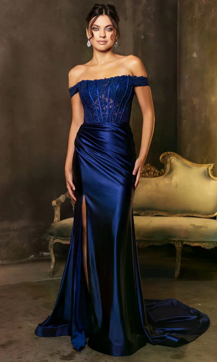 Off-the-Shoulder Floor-Length with Train Satin Prom Sheath Column May Queen 2146