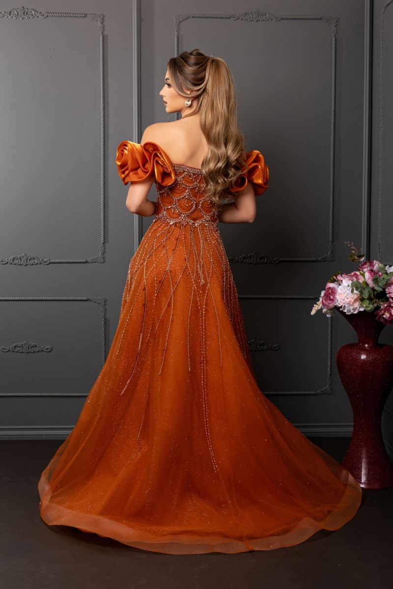 Rust Off-the-Shoulder Floor-Length Mesh Prom Dress Floral Sleeves May Queen MQRQ8260