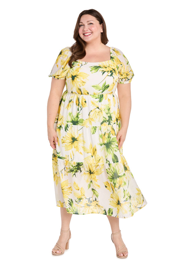 Plus Size Printed Cocktail Dress Midi Length R&M Richards 6672W