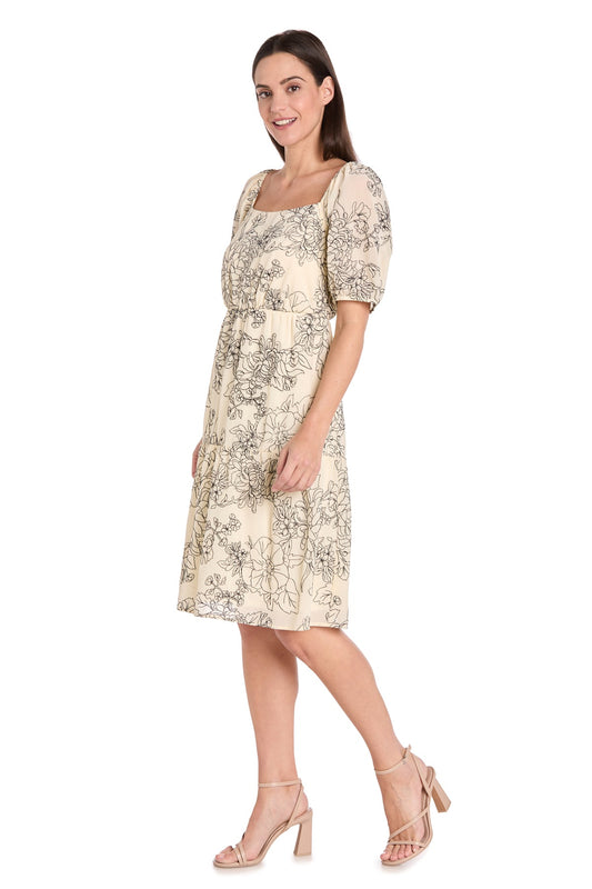 Cocktail Dresses Short Floral Print Petite Cocktail Dress Ivory/Black
