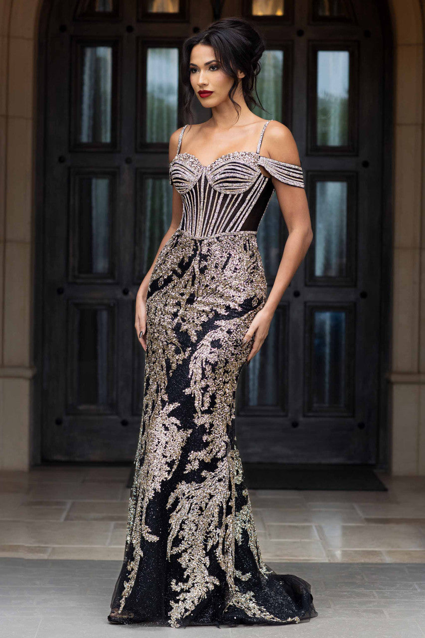 Off-Shoulder Beaded Gown by Lenovia 8422 in Black/Gold