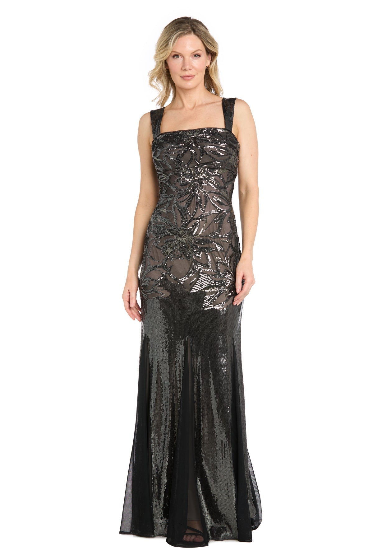 Gunmetal/Nude R&M Richards 6704 Square-Neck Floor-Length Sequin Formal Beaded Gown