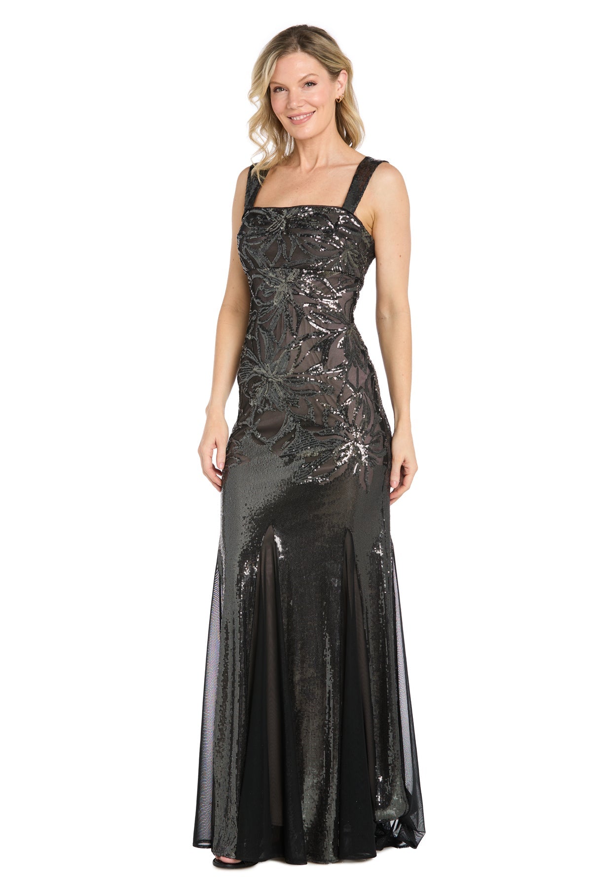Gunmetal/Nude R&M Richards 6704 Square-Neck Floor-Length Sequin Formal Beaded Gown
