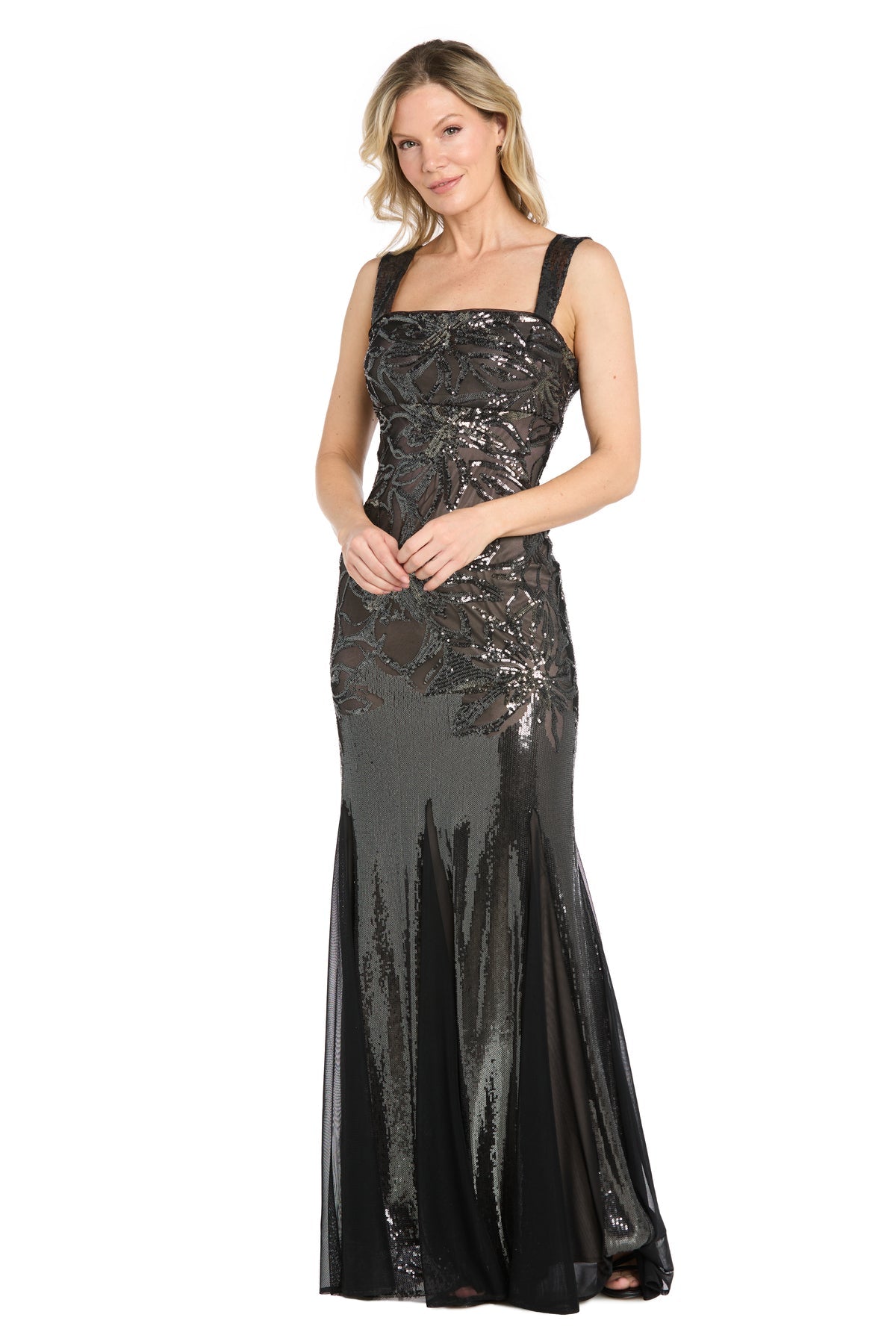 Gunmetal/Nude R&M Richards 6704 Square-Neck Floor-Length Sequin Formal Beaded Gown