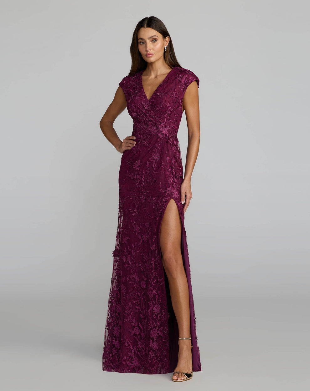 Amethyst V-Neck Long Mesh Evening Dress Floral Mac Duggal 9967882P
