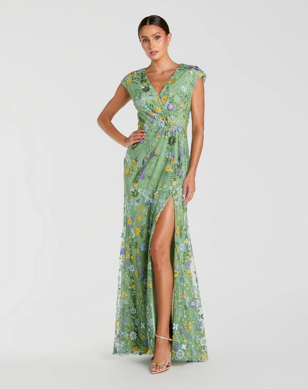 V-Neck Long Mesh Evening Dress Floral Mac Duggal 9967882P