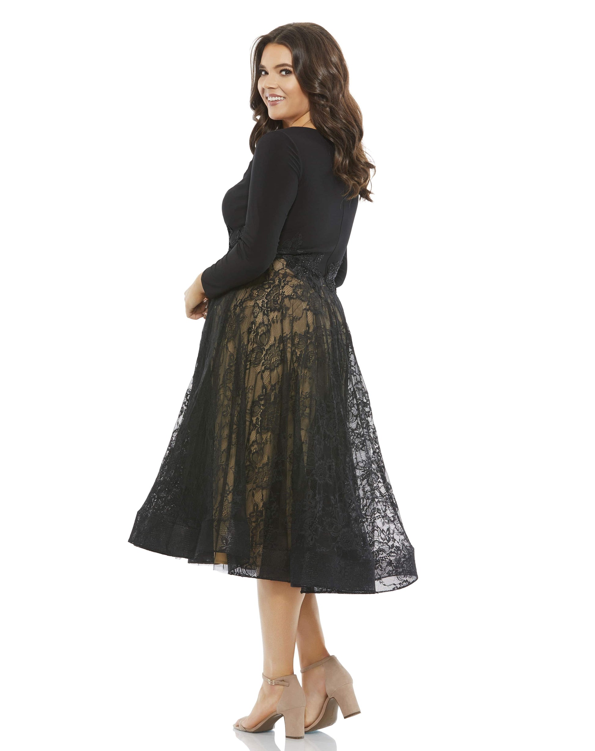 Mac Duggal 67897 Long Sleeve Plus Size Cocktail Midi Dress