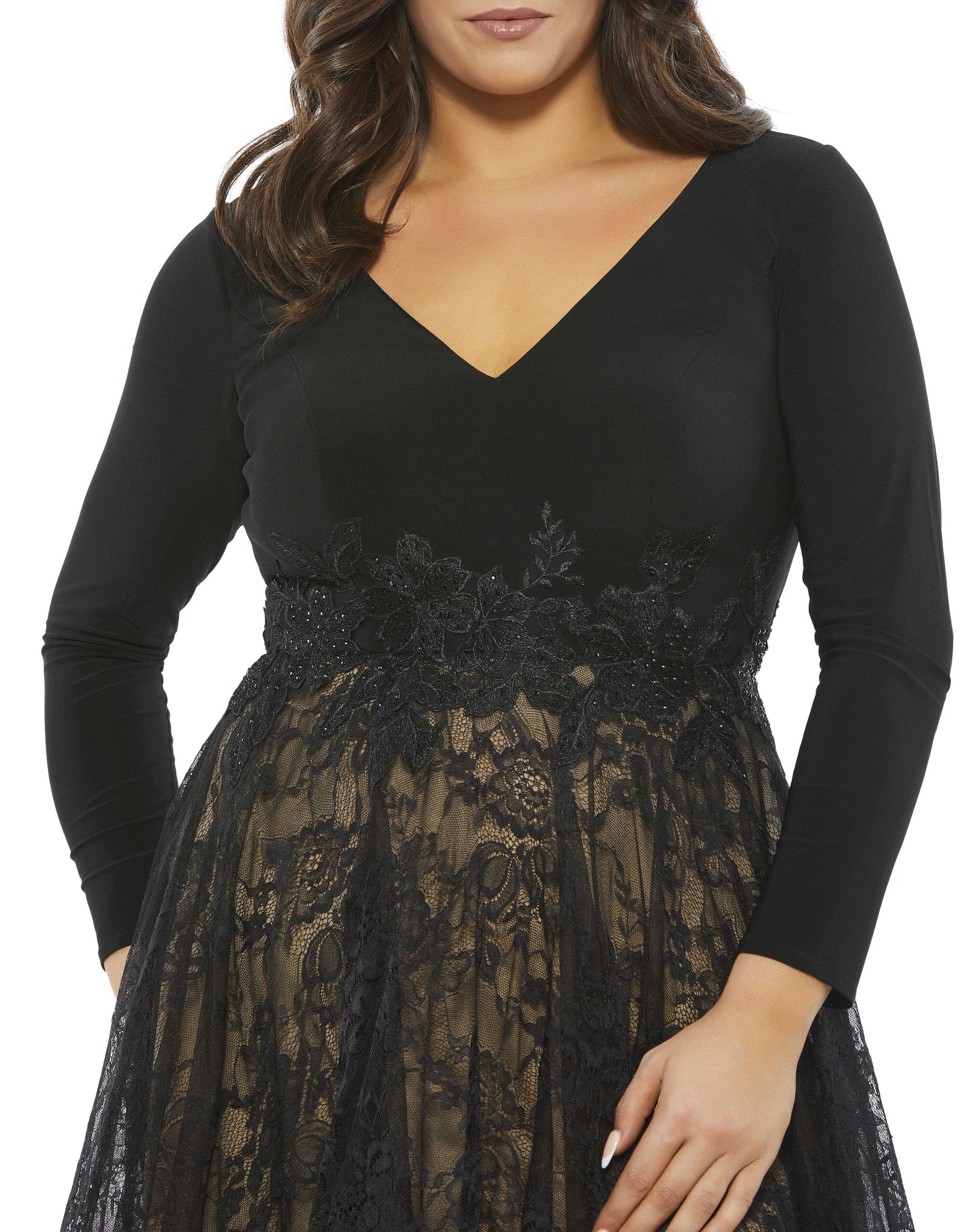 Mac Duggal 67897 Long Sleeve Plus Size Cocktail Midi Dress