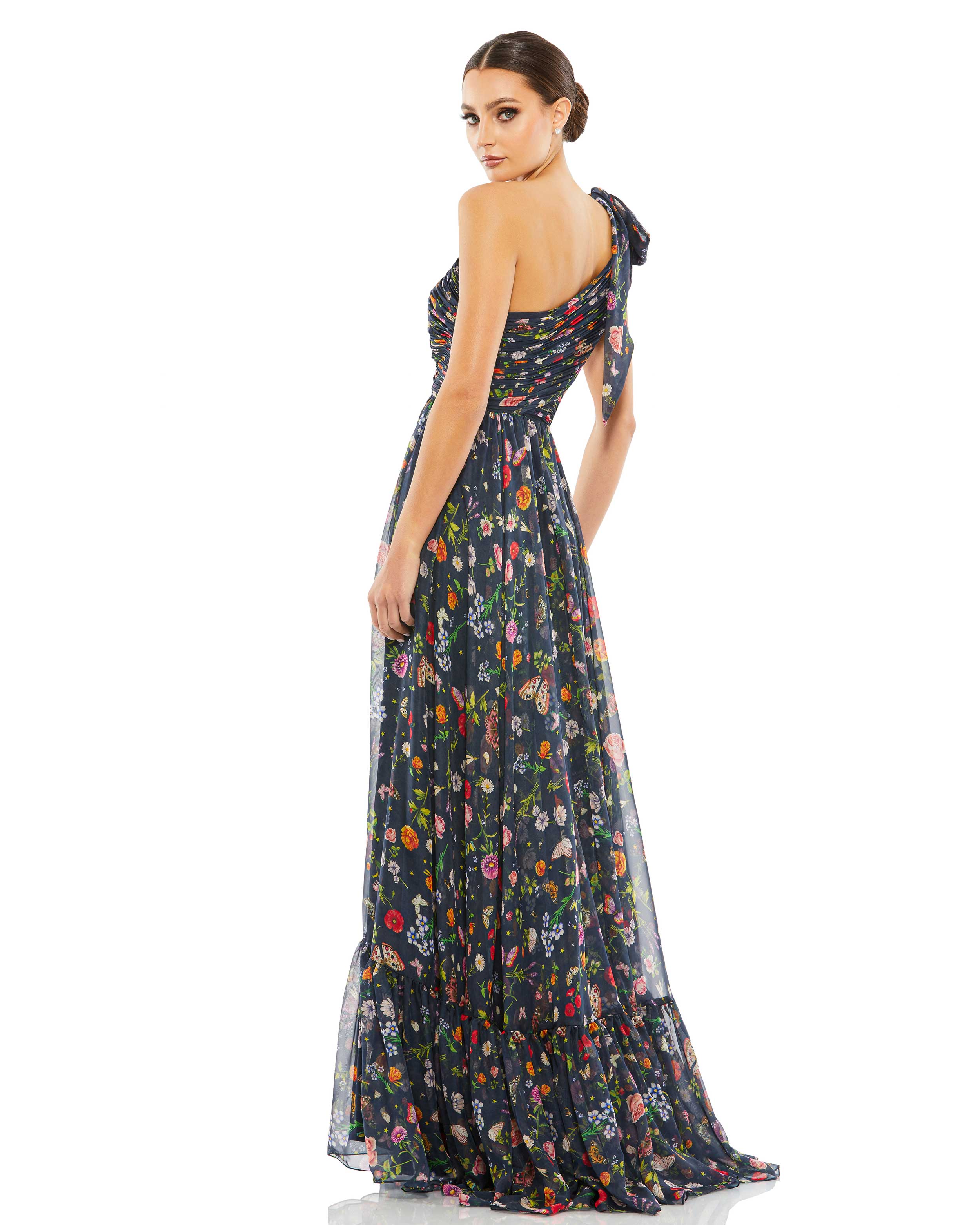 Navy Multi Mac Duggal 67938 Long Floral Print Formal Prom Dress for