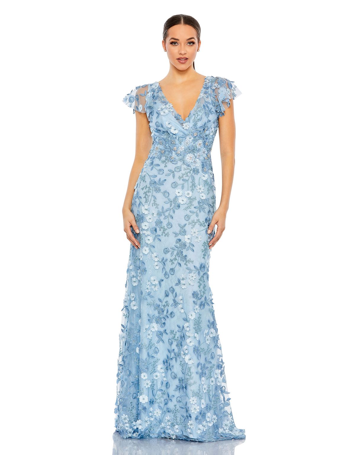 mac duggal applique midi dress Mac Duggal - Blue Embroidered Applique Wrap Over Flutter Sleeve Gown