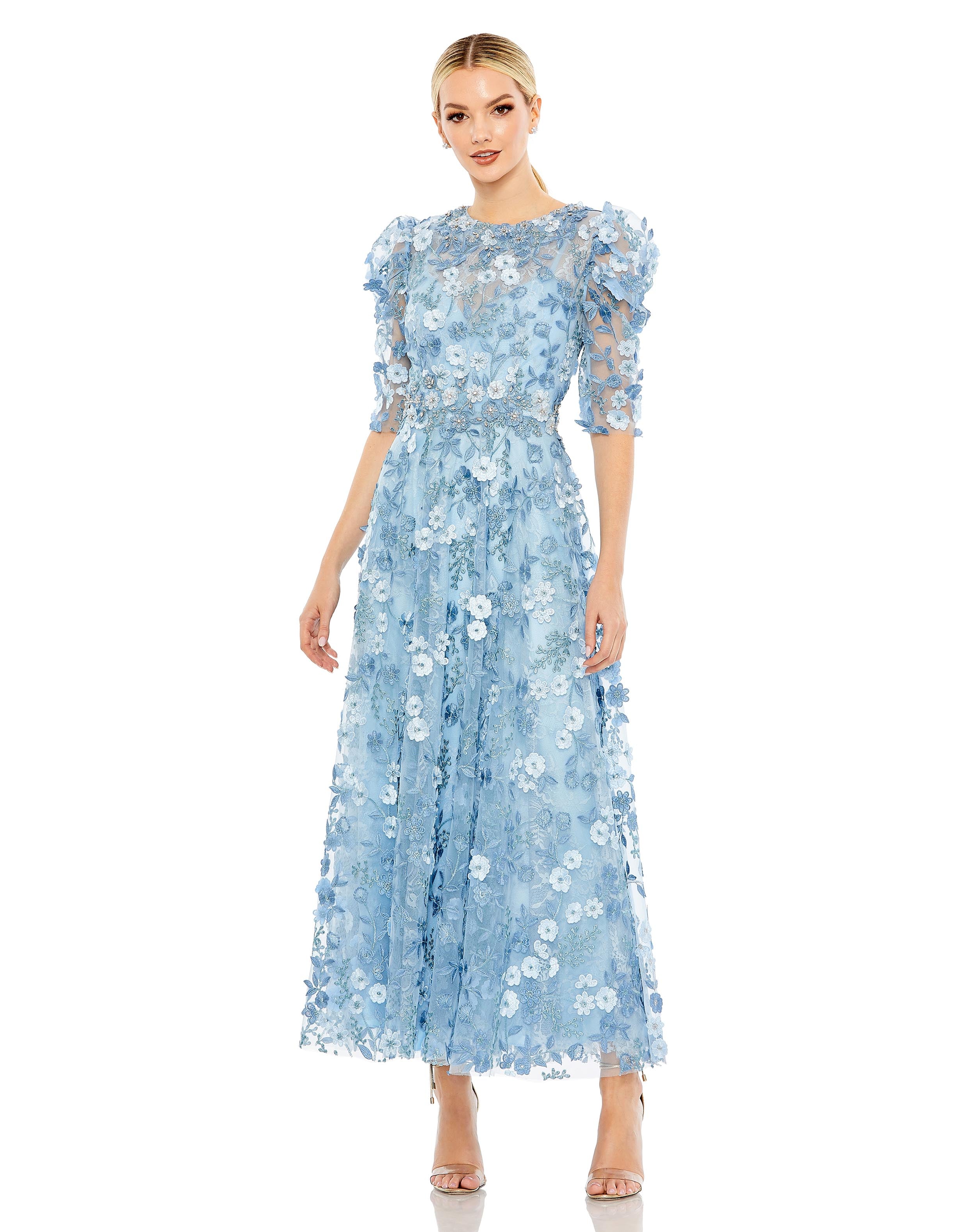 Mac Duggal - Blue Applique High Neck Puff Sleeve A Line Dress - US 18 Mac Duggal - Blue Applique High Neck Puff Sleeve A Line Dress - US 18
