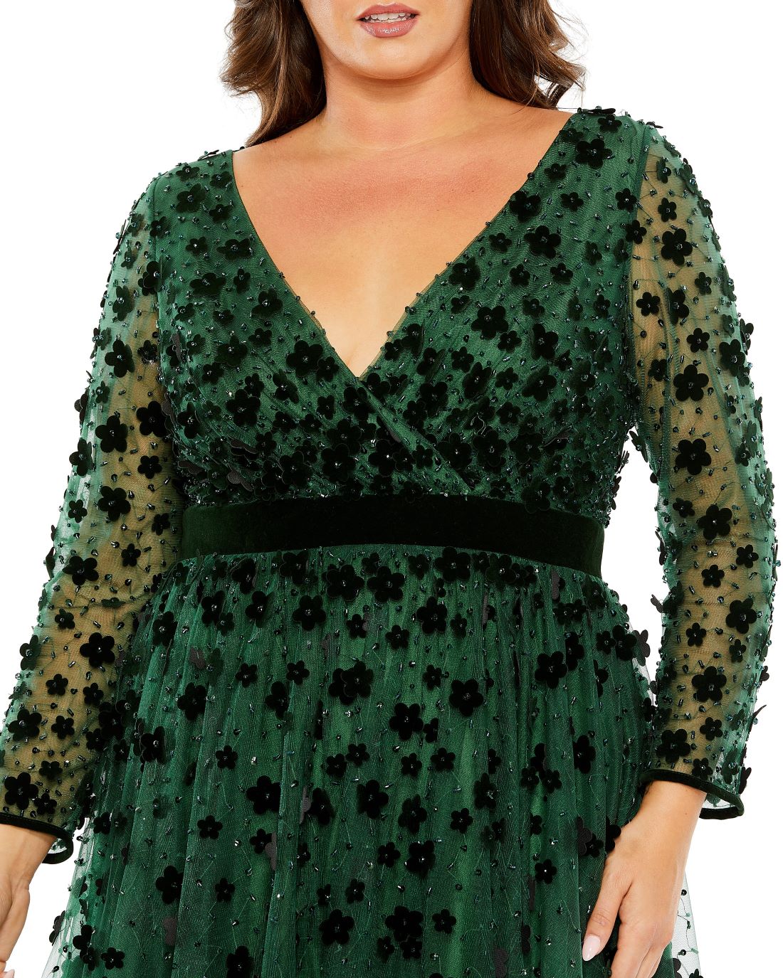 Mac Duggal - Floral Applique Long Sleeve A Line Gown - Emerald Mac Duggal - Floral Applique Long Sleeve A Line Gown - Emerald