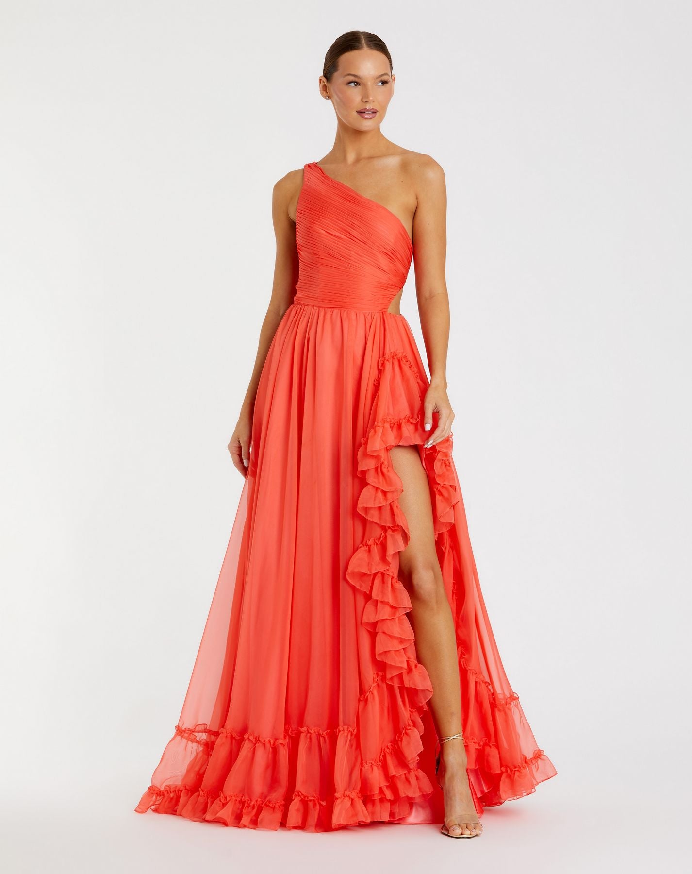 Prom Dresses Long Formal Prom Dress - One Shoulder Ruffle - Mac Duggal 68476 Tangerine-Chiffon-68476-Ruffle