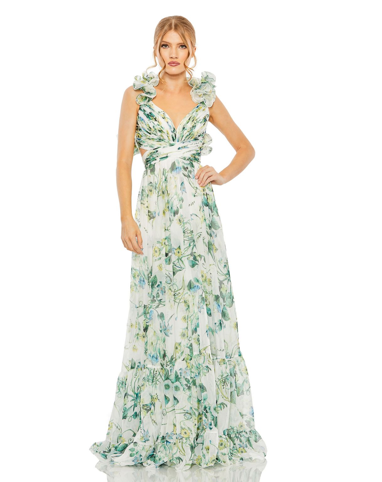 Mac Duggal 68521 Long Cap Sleeve Floral Chiffon Formal Dress