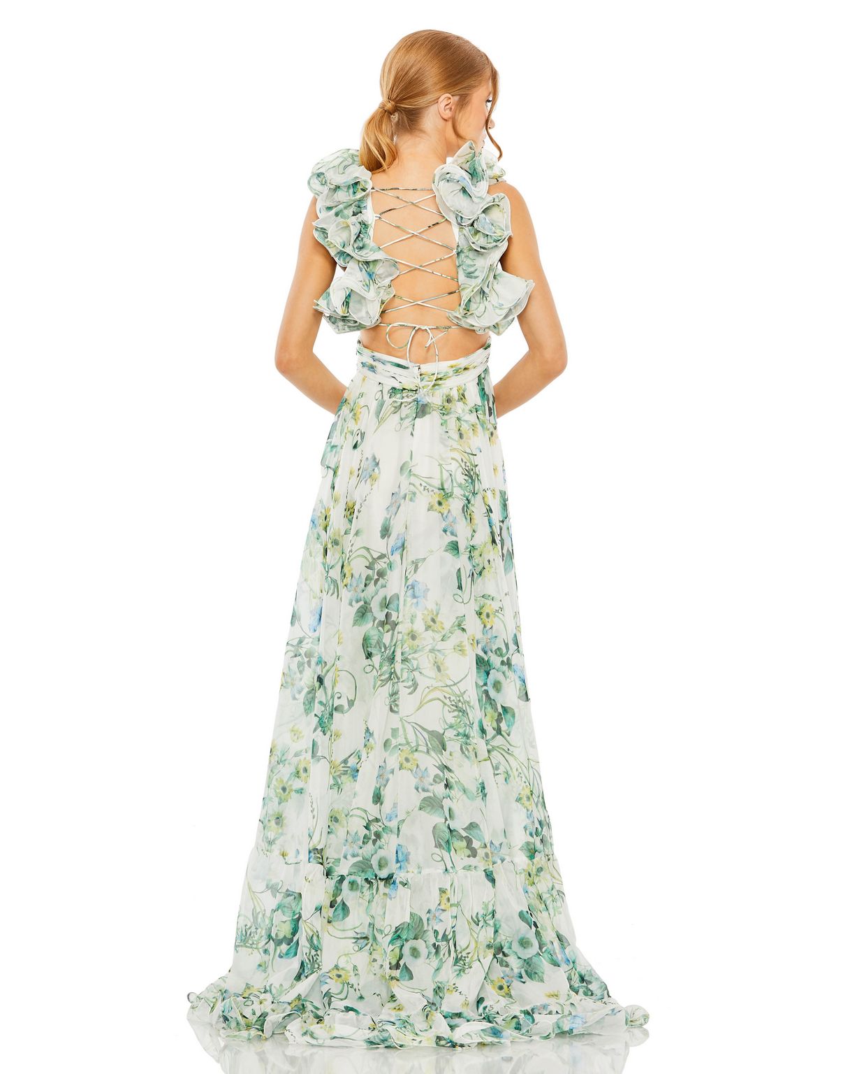 Blue Multi Mac Duggal 68521 Long Cap Sleeve Floral Chiffon Formal Dress ...
