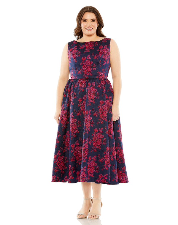 Plus Size Printed Dress A Line Midi Mac Duggal 68557