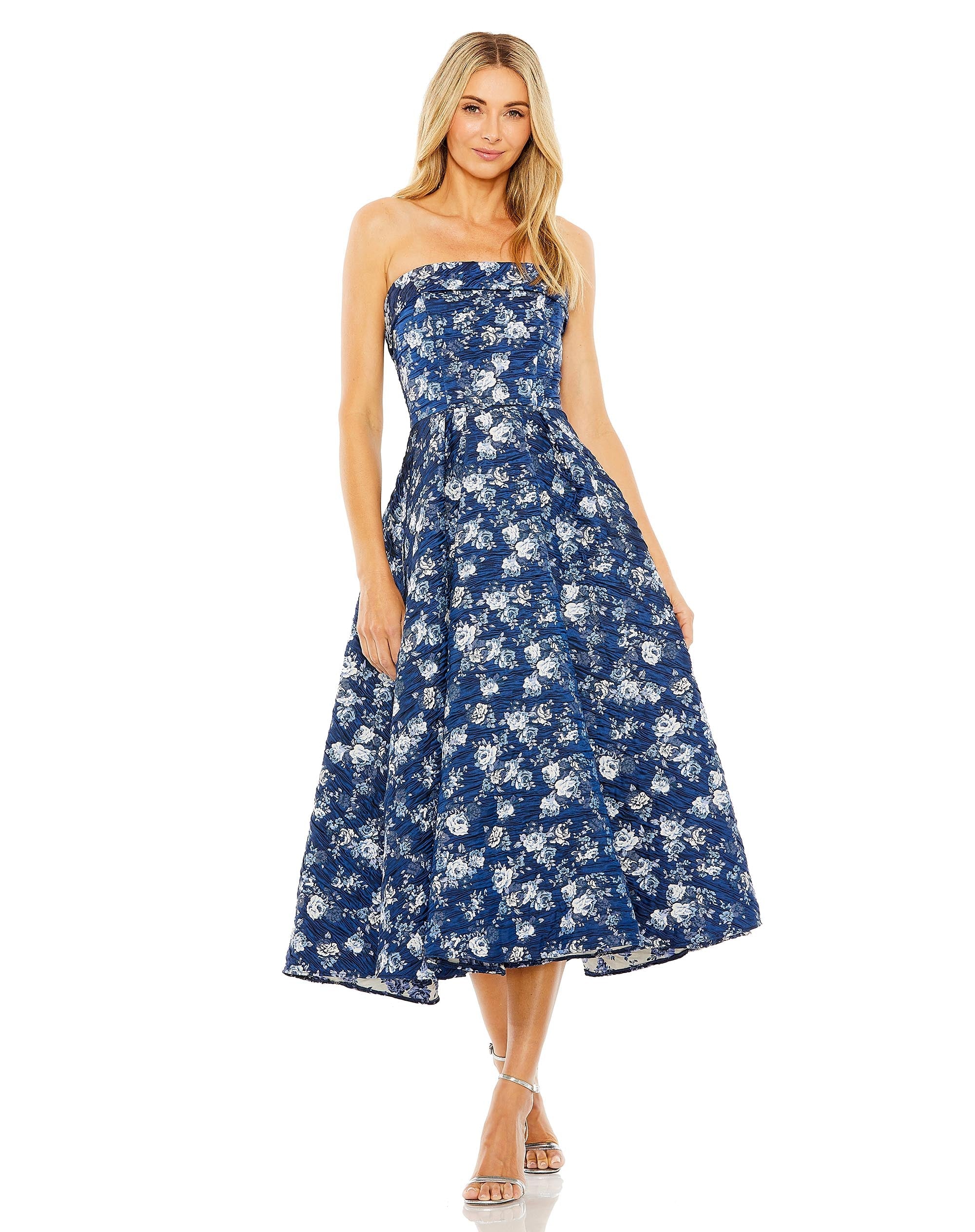 Mac Duggal - Blue Strapless Brocade Midi Dress - Blue Multi / US 16 Mac Duggal - Blue Strapless Brocade Midi Dress - Blue Multi / US 16