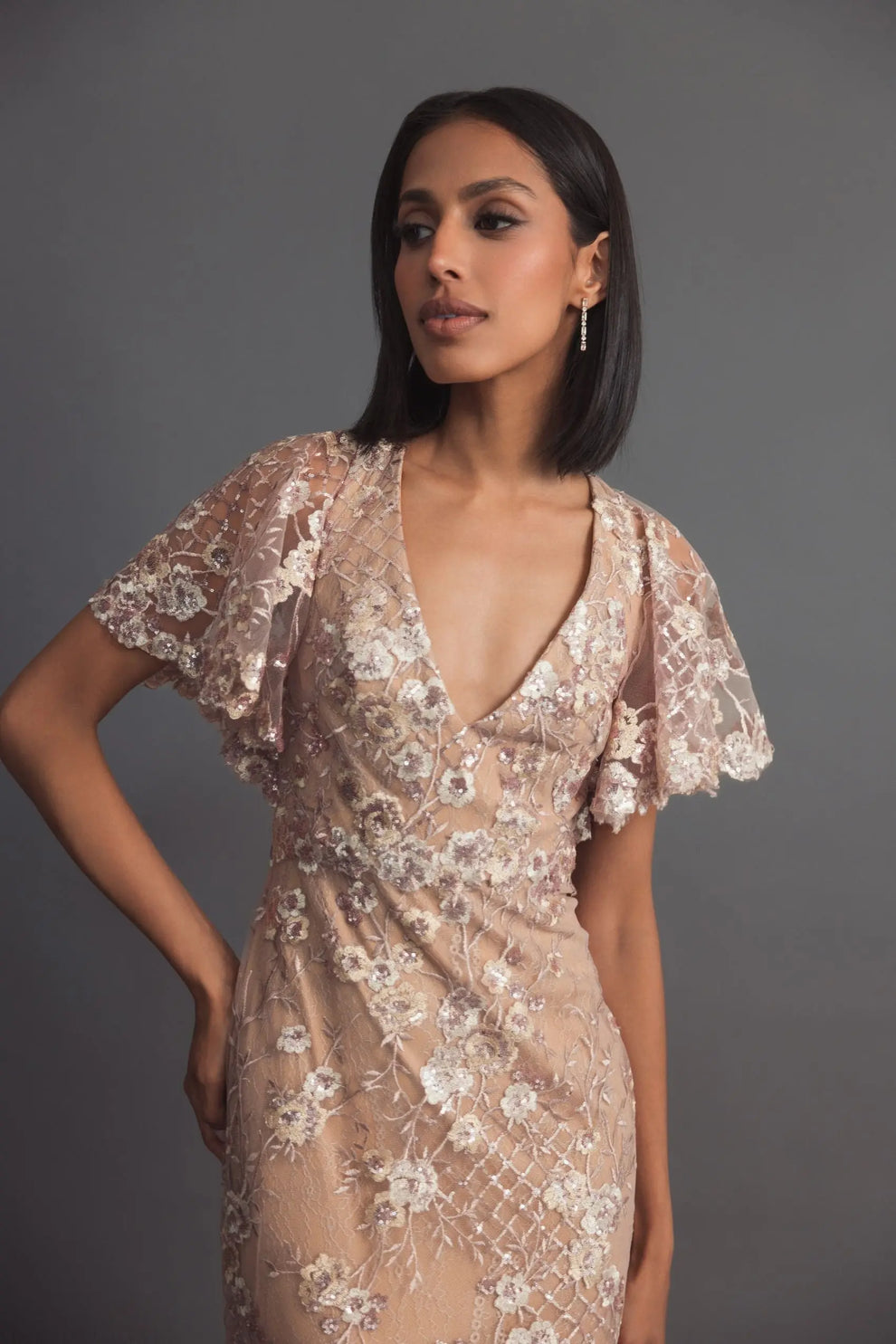 Mac Duggal - Pink Embellished Lace V Neck Butterfly Sleeve Gown - Rose Pink / US 10 Mac Duggal - Pink Embellished Lace V Neck Butterfly Sleeve Gown - Rose Pink / US 10