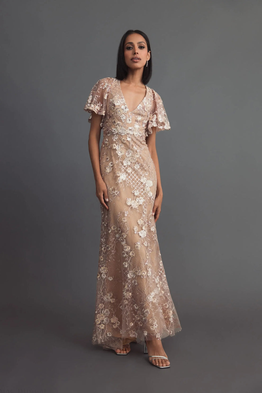 Mac Duggal - Pink Embellished Lace V Neck Butterfly Sleeve Gown - Rose Pink / US 10