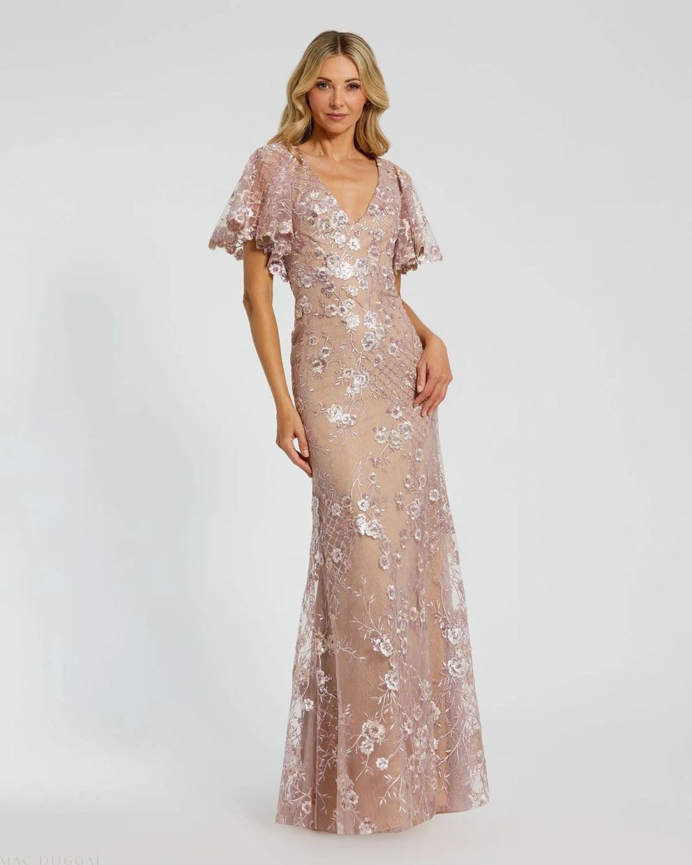 Mac Duggal - Pink Embellished Lace V Neck Butterfly Sleeve Gown - Rose Pink / US 10 Mac Duggal - Pink Embellished Lace V Neck Butterfly Sleeve Gown - Rose Pink / US 10