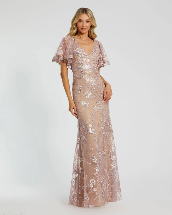 mac duggal all over sequin floral embroidered maxi dress Mac Duggal - Pink Embellished Lace V Neck Butterfly Sleeve Gown